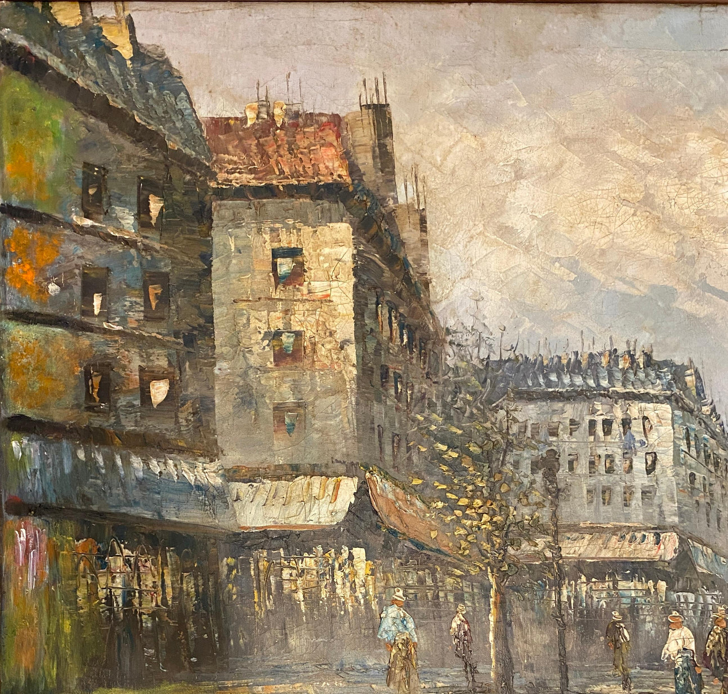 French Oil on Canvas Painting Paris Street Scene by Jean Ribout — detail 7