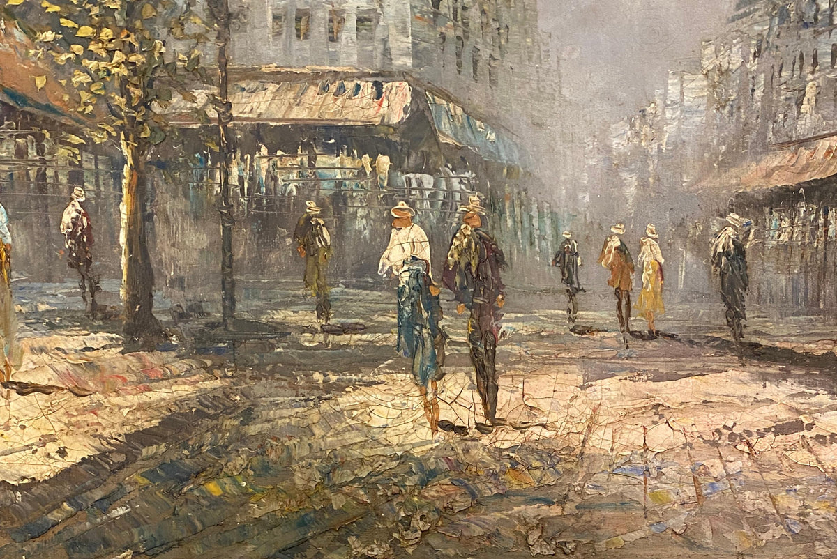 French Oil on Canvas Painting Paris Street Scene by Jean Ribout — detail 8