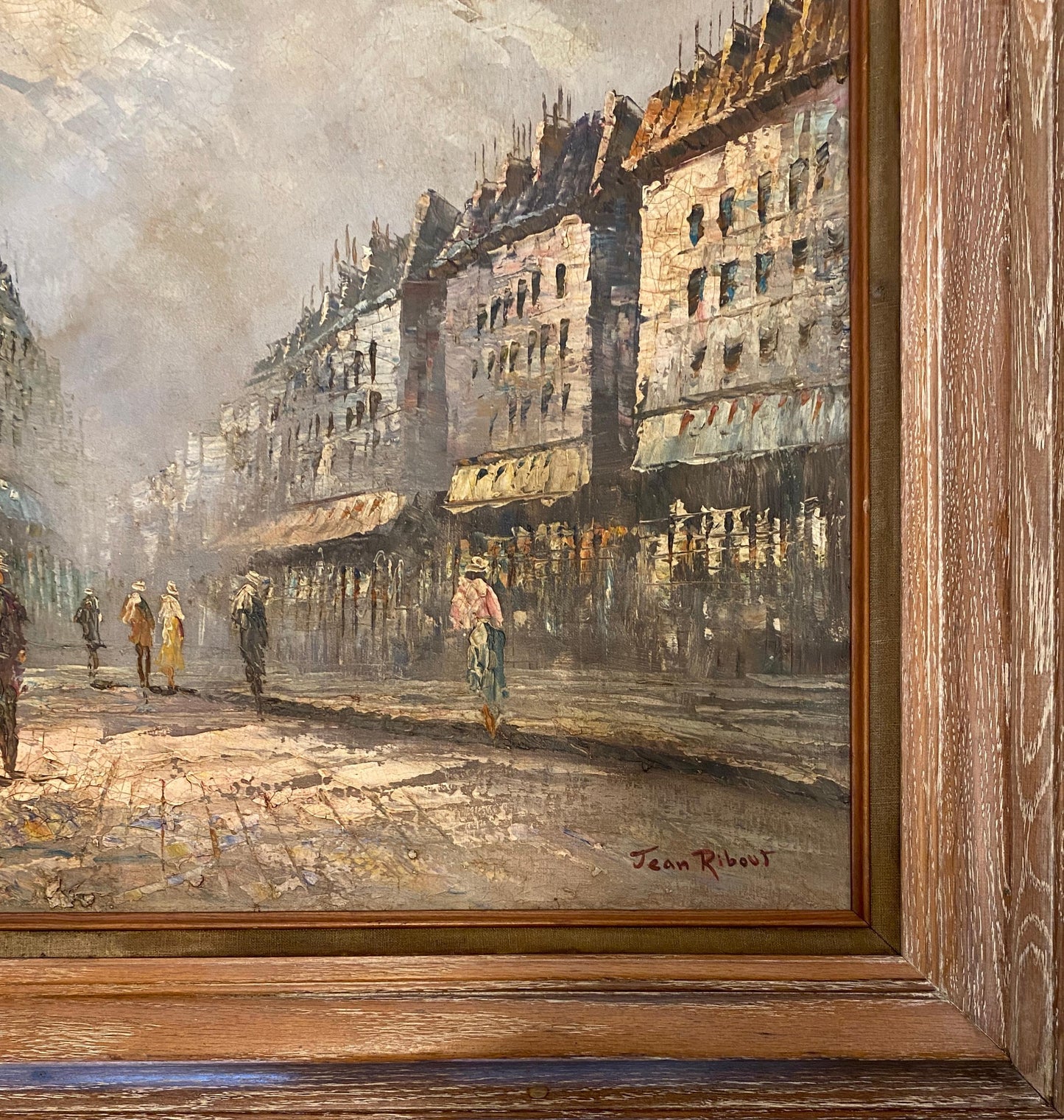 French Oil on Canvas Painting Paris Street Scene by Jean Ribout — detail 9