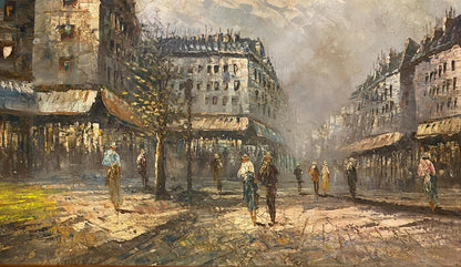 French Oil on Canvas Painting Paris Street Scene by Jean Ribout — detail 11