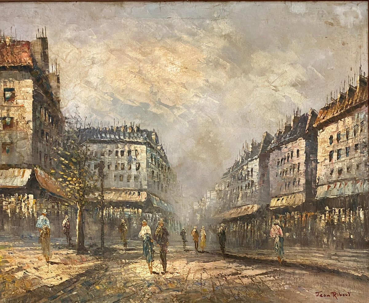 French Oil on Canvas Painting Paris Street Scene by Jean Ribout — detail 2