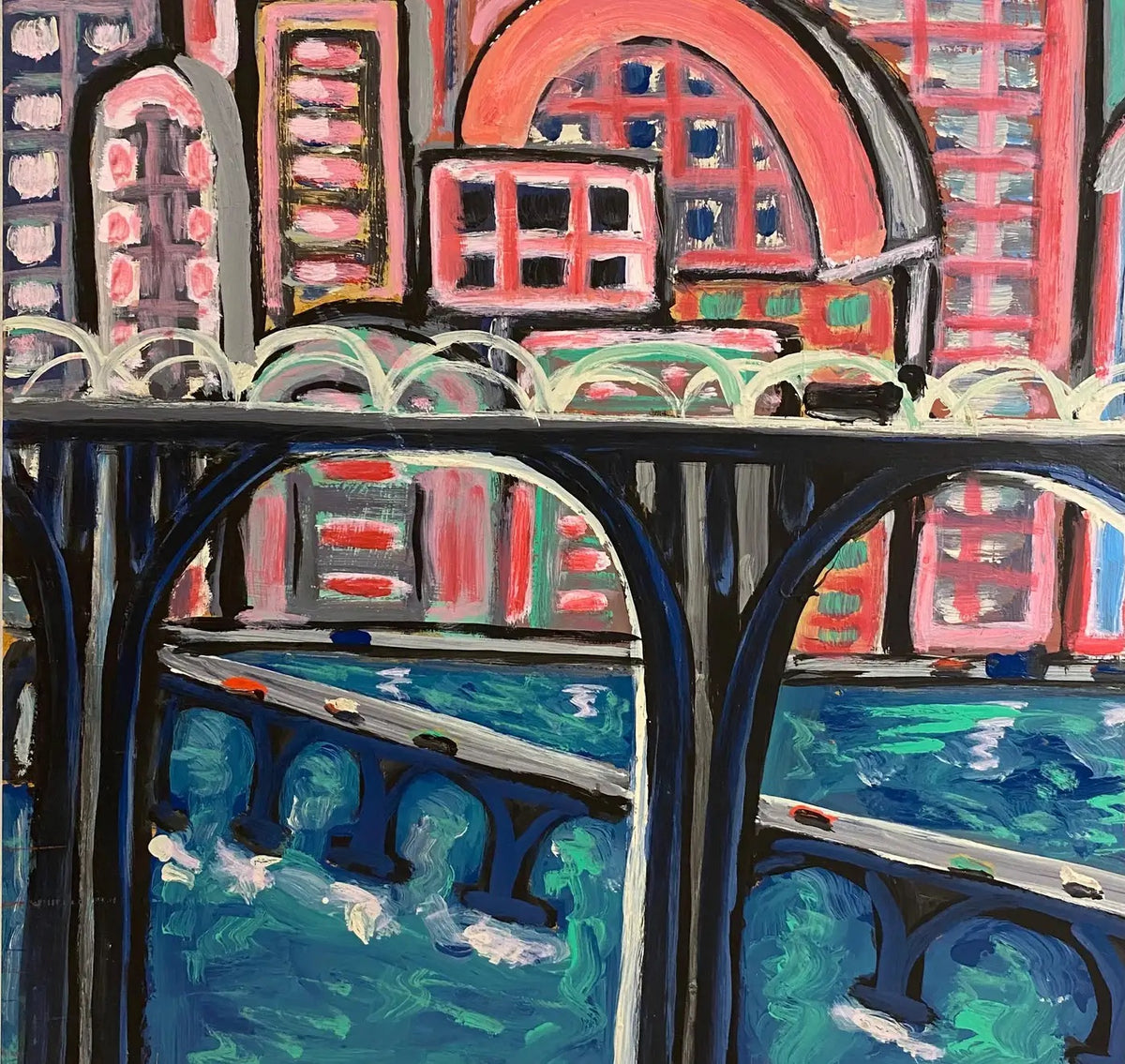 Jo Patch Oil Painting Titled "Trois Ponts et Ville Rouge" — detail 3