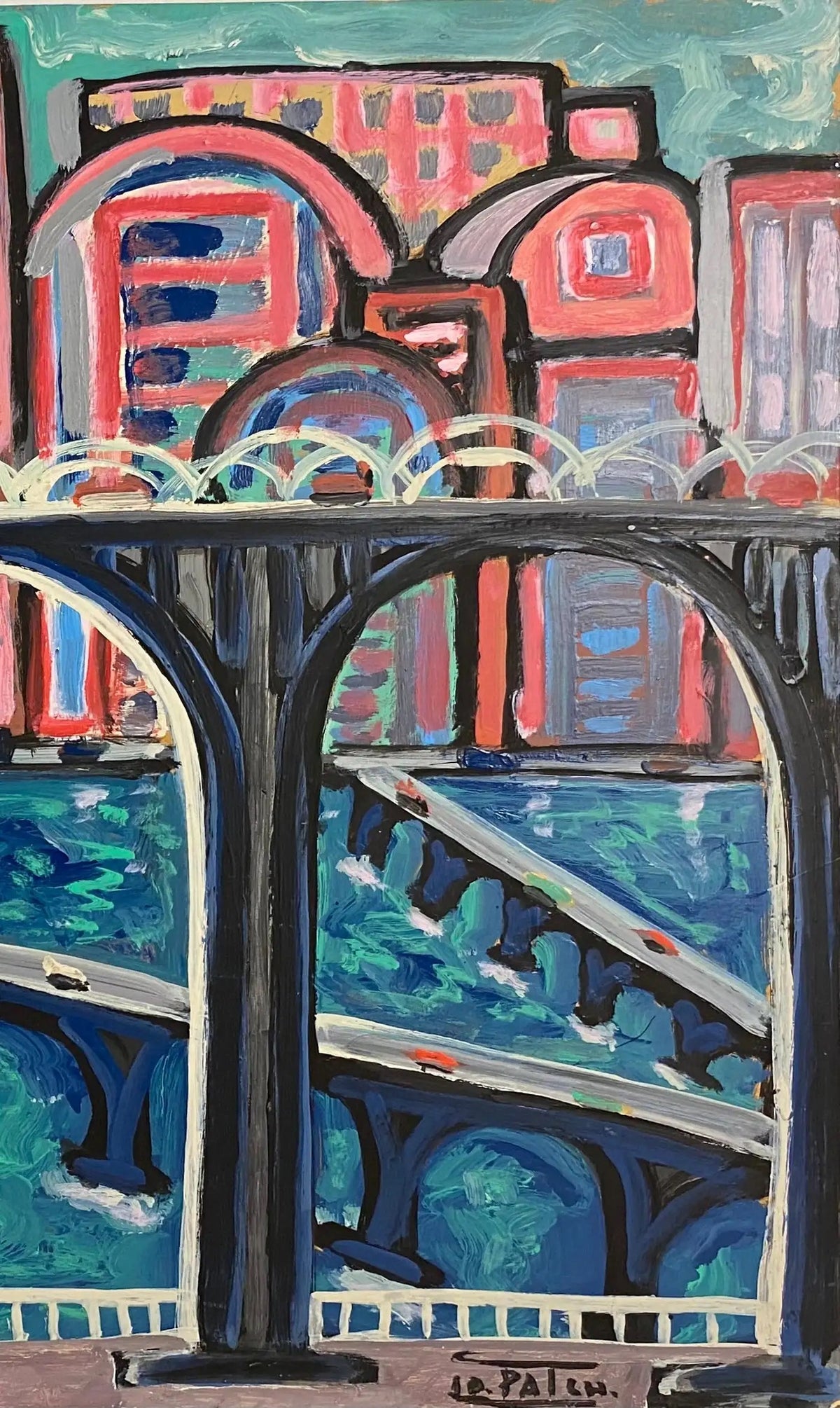 Jo Patch Oil Painting Titled "Trois Ponts et Ville Rouge" — detail 4