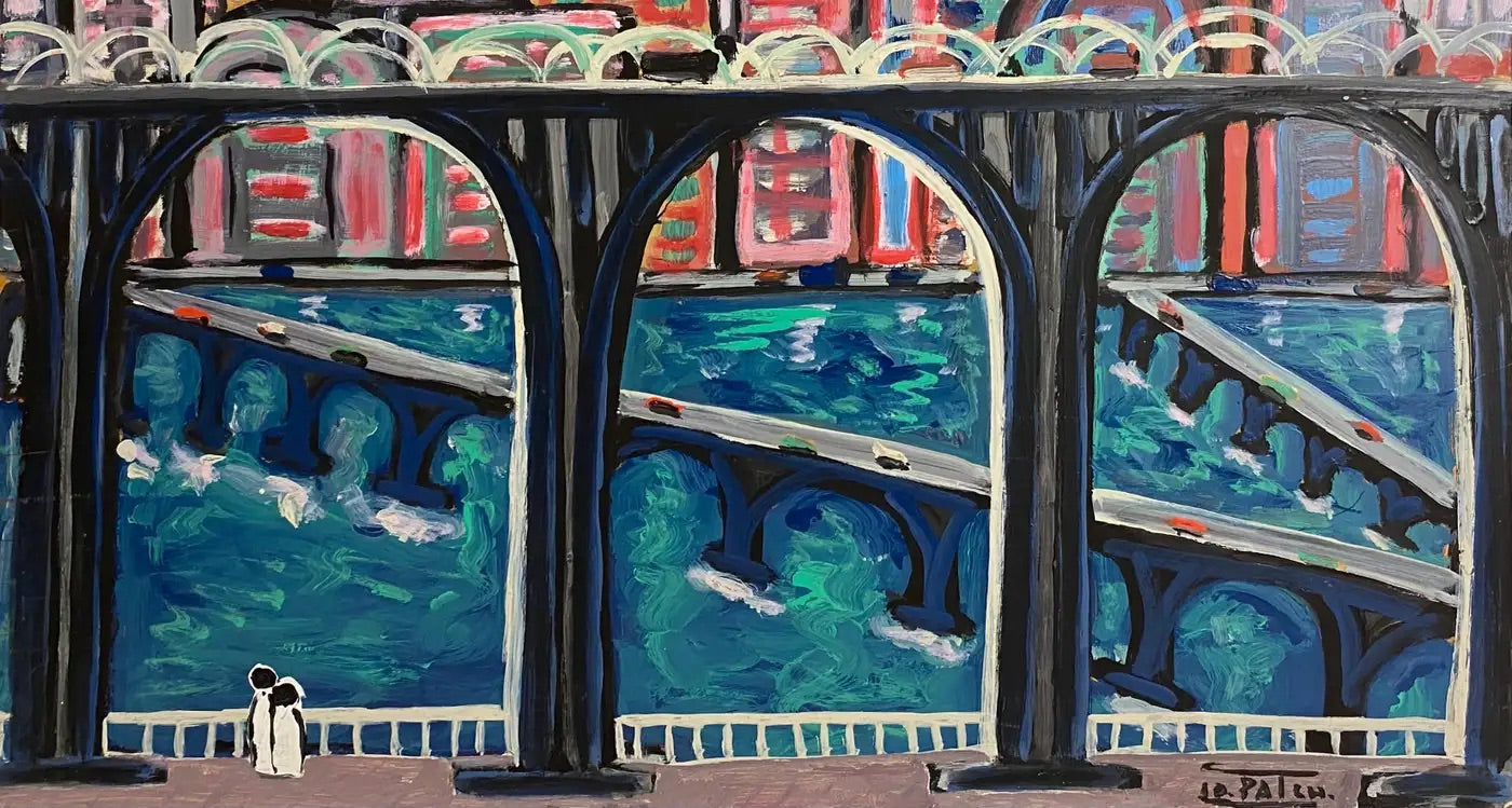 Jo Patch Oil Painting Titled "Trois Ponts et Ville Rouge" — detail 5