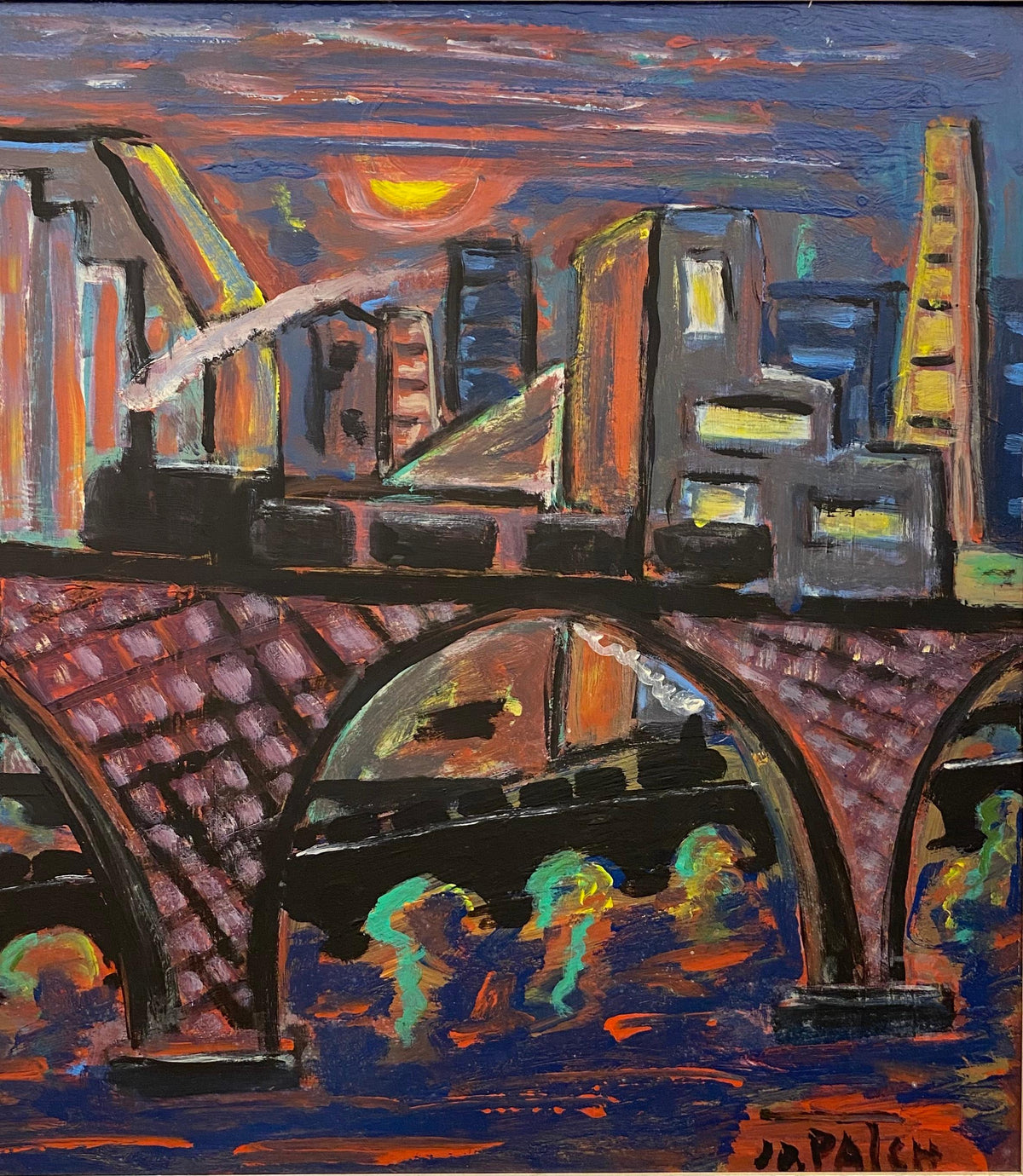 Jo Patch Framed Oil Painting Depicting New York Waterfront — detail 2