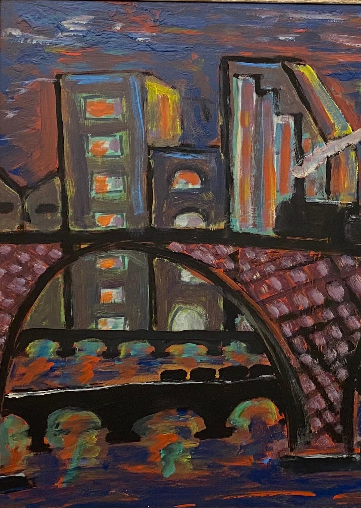 Jo Patch Framed Oil Painting Depicting New York Waterfront — detail 5