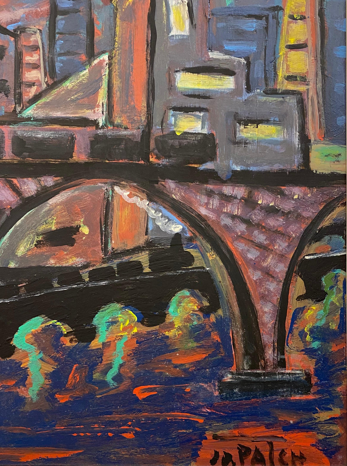 Jo Patch Framed Oil Painting Depicting New York Waterfront — detail 6