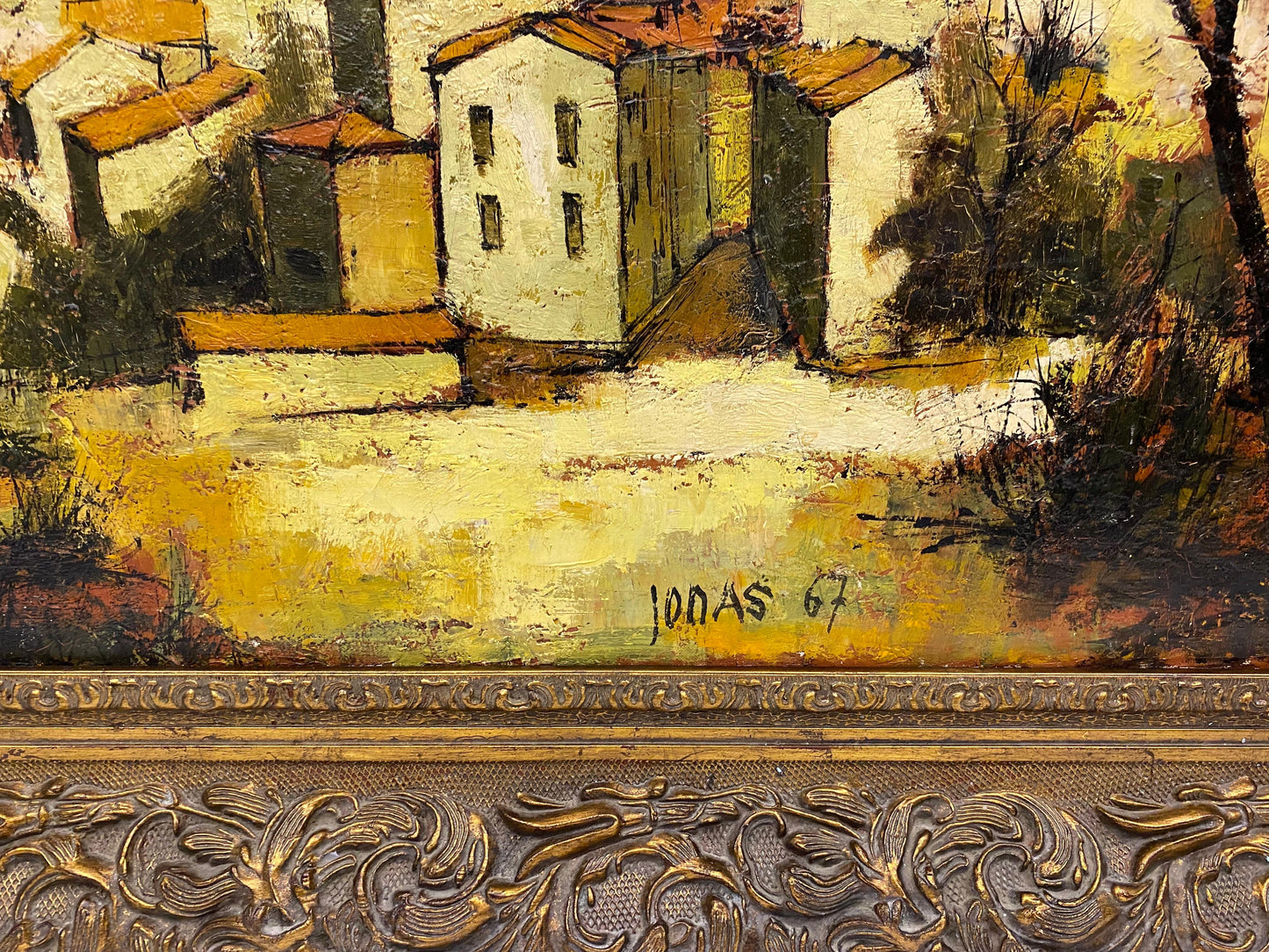 Autumn Scene of a French Seaside Village Oil Painting in Gilt Wood Frame, Signed — detail 4
