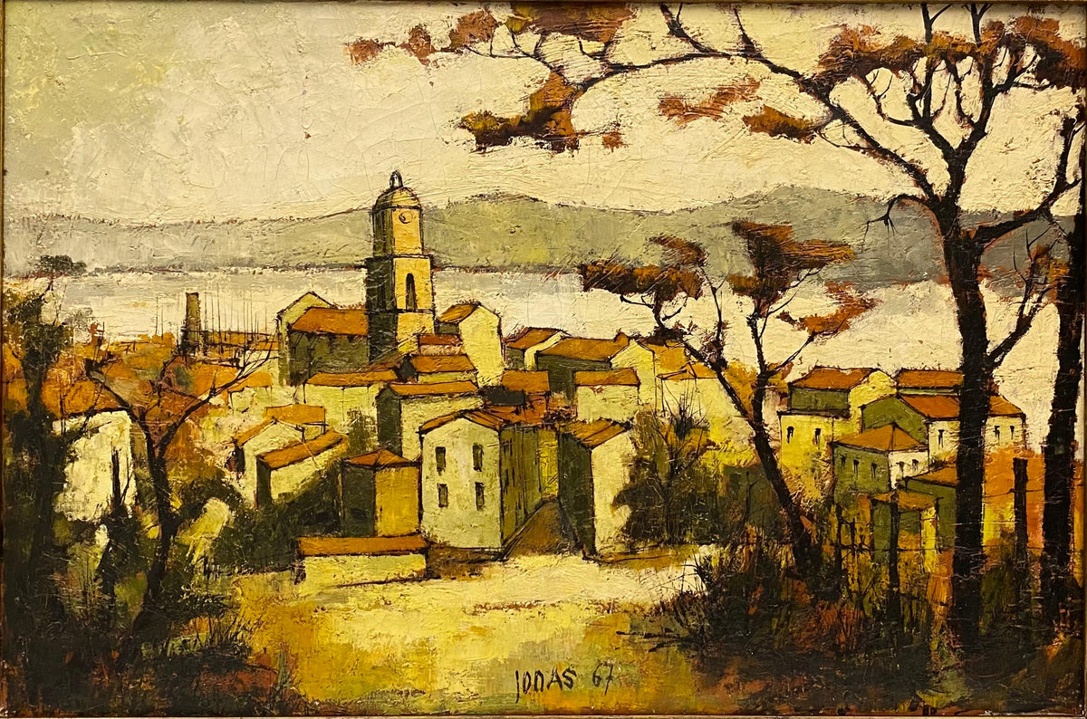 Autumn Scene of a French Seaside Village Oil Painting in Gilt Wood Frame, Signed — detail 5