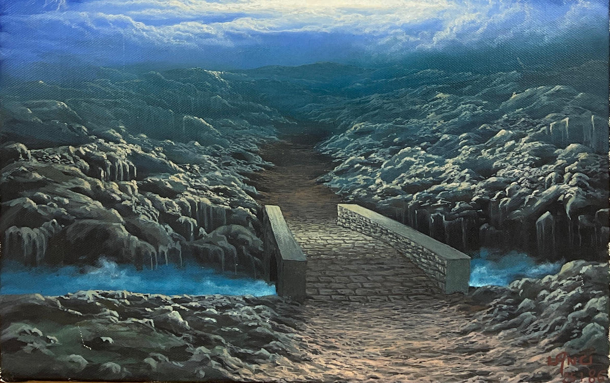 Contemporary Oil on Canvas Painting, Signed Lanci in the Manner of Rene Magritte — detail 2