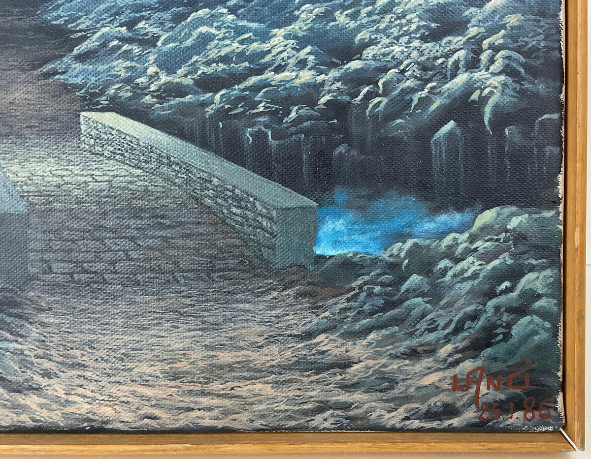 Contemporary Oil on Canvas Painting, Signed Lanci in the Manner of Rene Magritte — detail 3