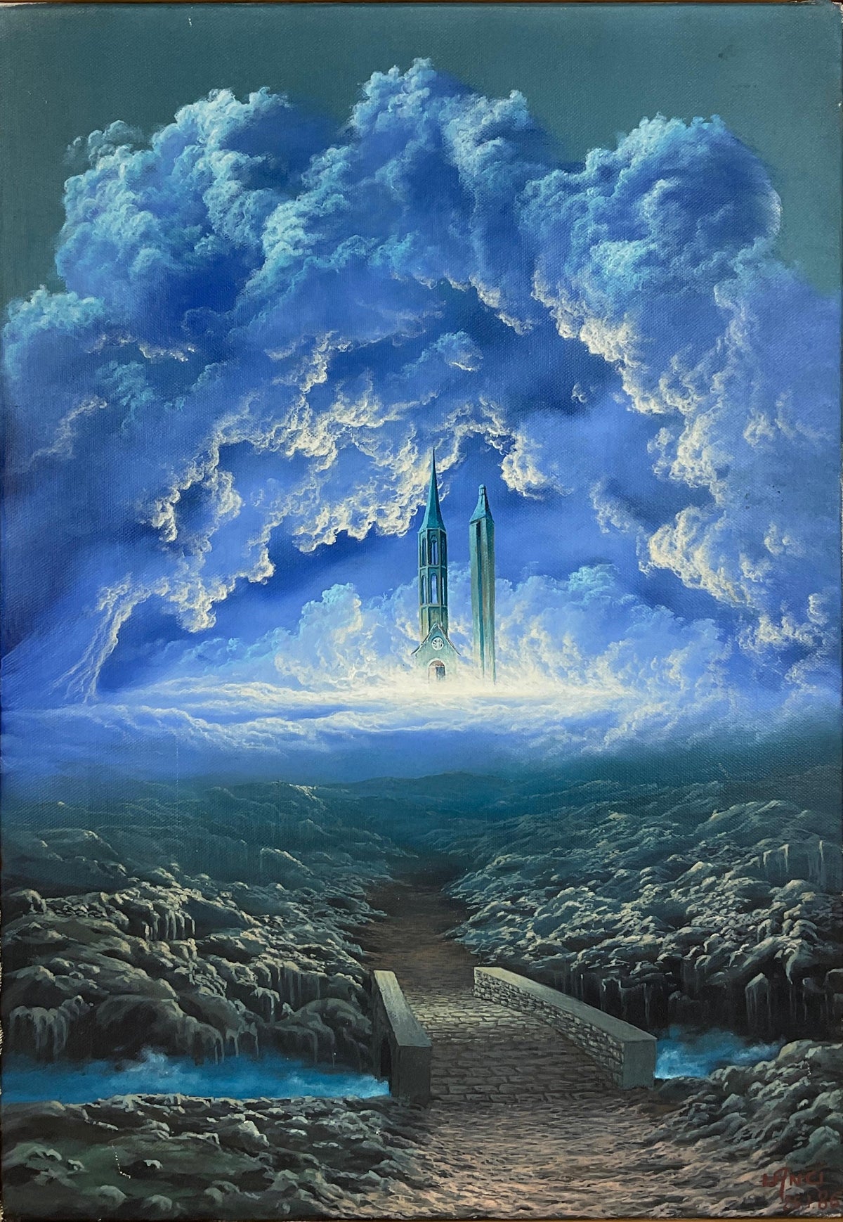 Contemporary Oil on Canvas Painting, Signed Lanci in the Manner of Rene Magritte — detail 5