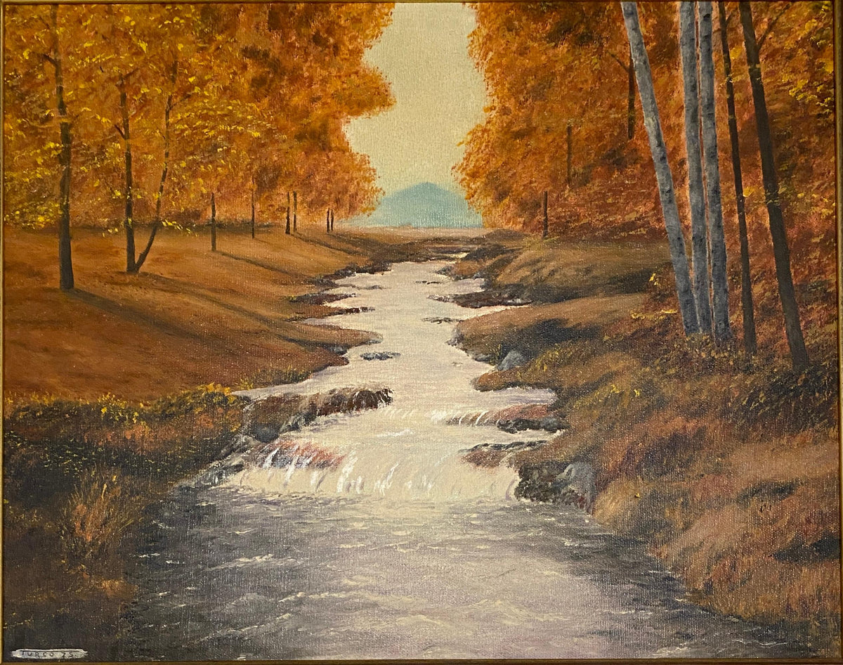 Autumn River Landscape Oil Painting by A. Klosner, Framed Mid-Century Impression — detail 2