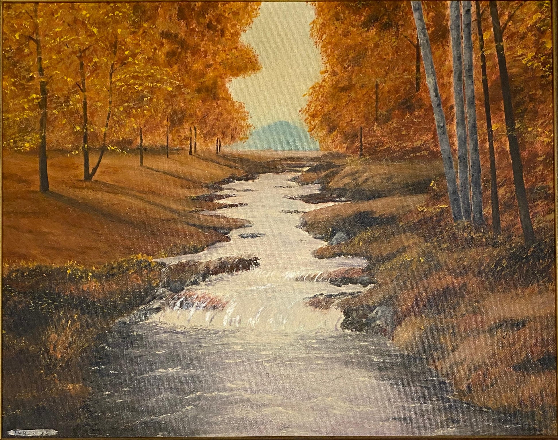 Autumn River Landscape Oil Painting by A. Klosner, Framed Mid-Century Impression — detail 2