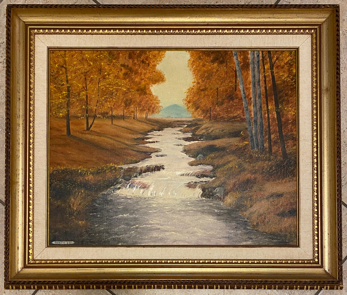 Autumn River Landscape Oil Painting by A. Klosner, Framed Mid-Century Impression — detail 3