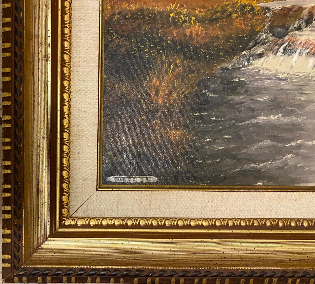 Autumn River Landscape Oil Painting by A. Klosner, Framed Mid-Century Impression — detail 5