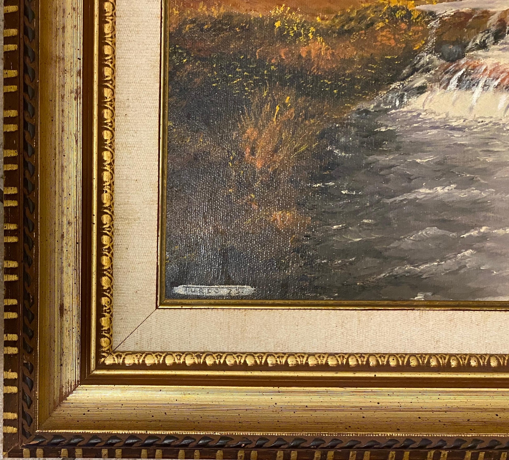 Autumn River Landscape Oil Painting by A. Klosner, Framed Mid-Century Impression — detail 5