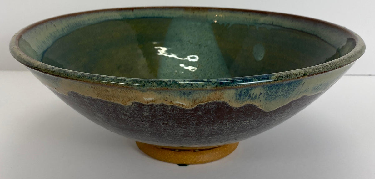 Blue Glazed Pottery Bowl Signed Lauren Vanni, Mid-Century Handmade Ceramic Bowl — detail 2