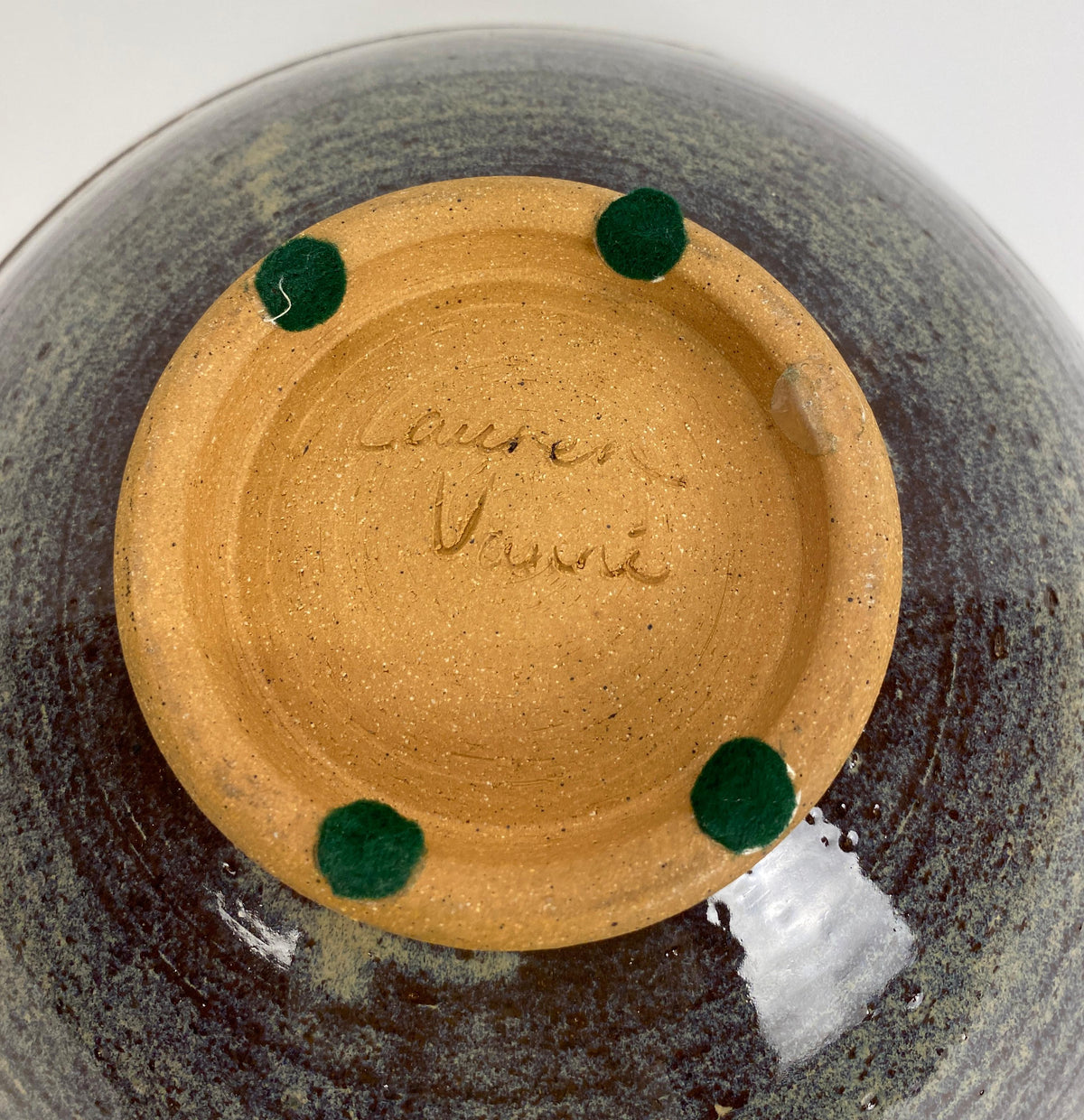 Blue Glazed Pottery Bowl Signed Lauren Vanni, Mid-Century Handmade Ceramic Bowl — detail 4