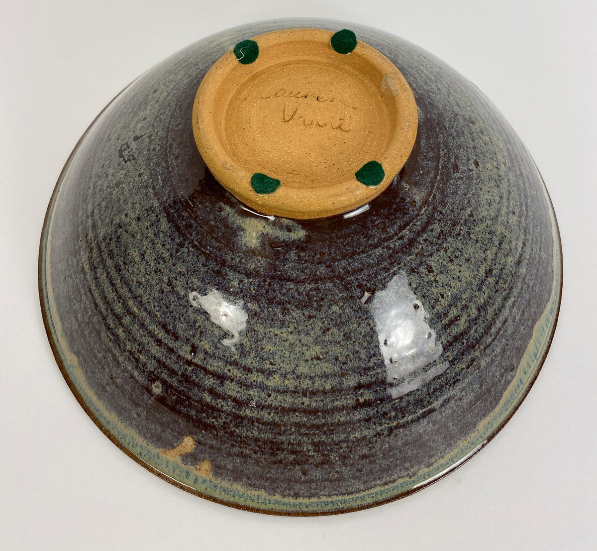Blue Glazed Pottery Bowl Signed Lauren Vanni, Mid-Century Handmade Ceramic Bowl — detail 5