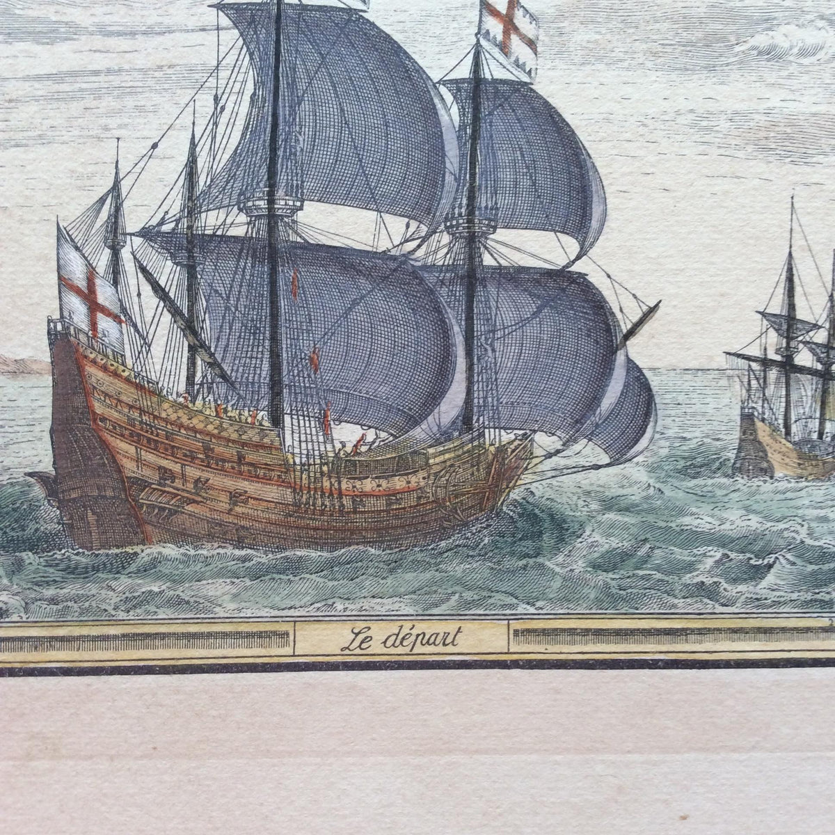 18th Century Color Engraving Print by Pieter F.H. Bruegel, Le Depart — detail 3