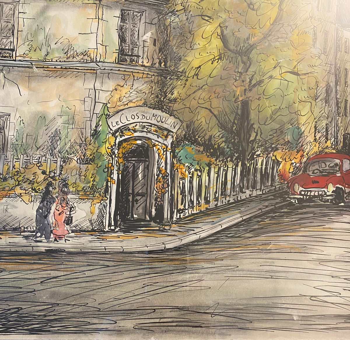 Paris Street Scene Drawing, Le Clos Du Moulin Paris Drawing & Colored Ink — detail 3
