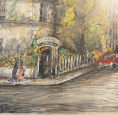 Paris Street Scene Drawing, Le Clos Du Moulin Paris Drawing & Colored Ink — detail 3