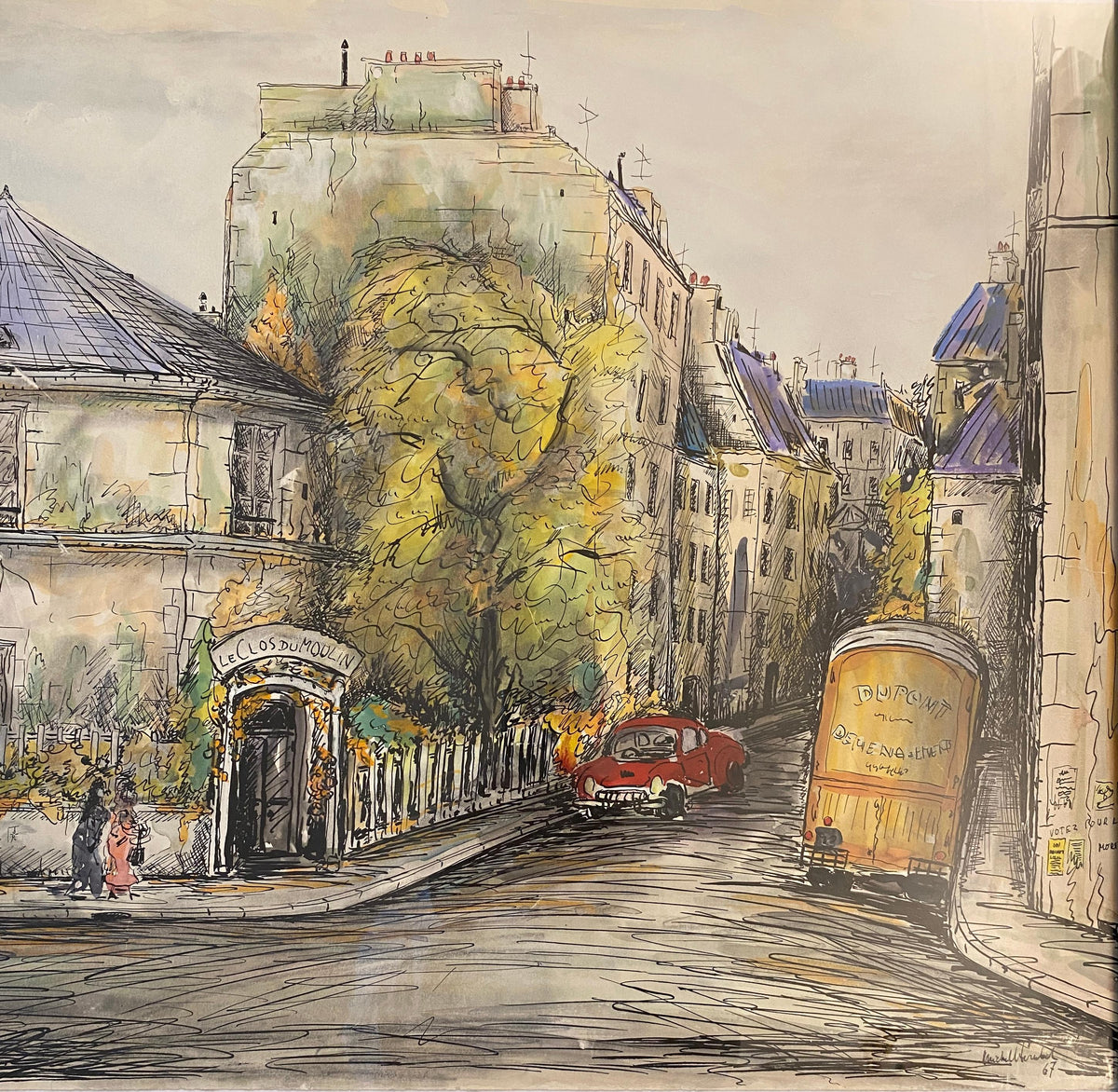 Paris Street Scene Drawing, Le Clos Du Moulin Paris Drawing & Colored Ink — detail 2