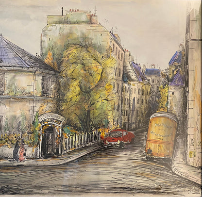 Paris Street Scene Drawing, Le Clos Du Moulin Paris Drawing & Colored Ink — detail 2