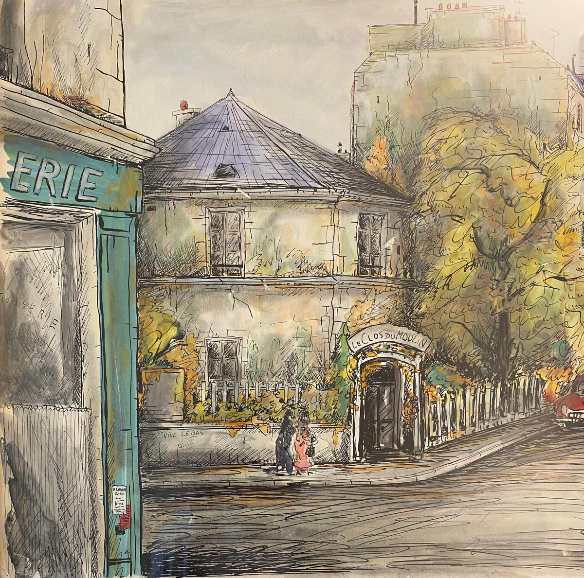 Paris Street Scene Drawing, Le Clos Du Moulin Paris Drawing & Colored Ink — detail 6
