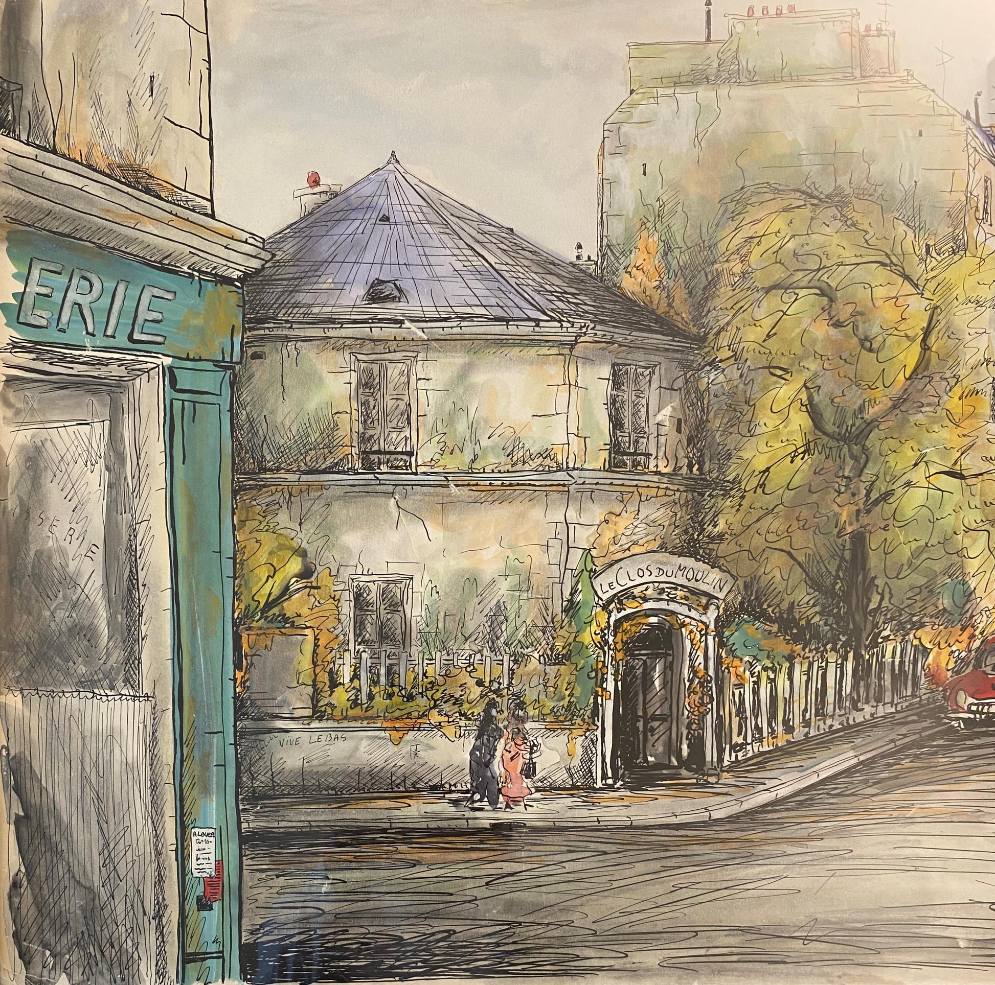 Paris Street Scene Drawing, Le Clos Du Moulin Paris Drawing & Colored Ink — detail 6