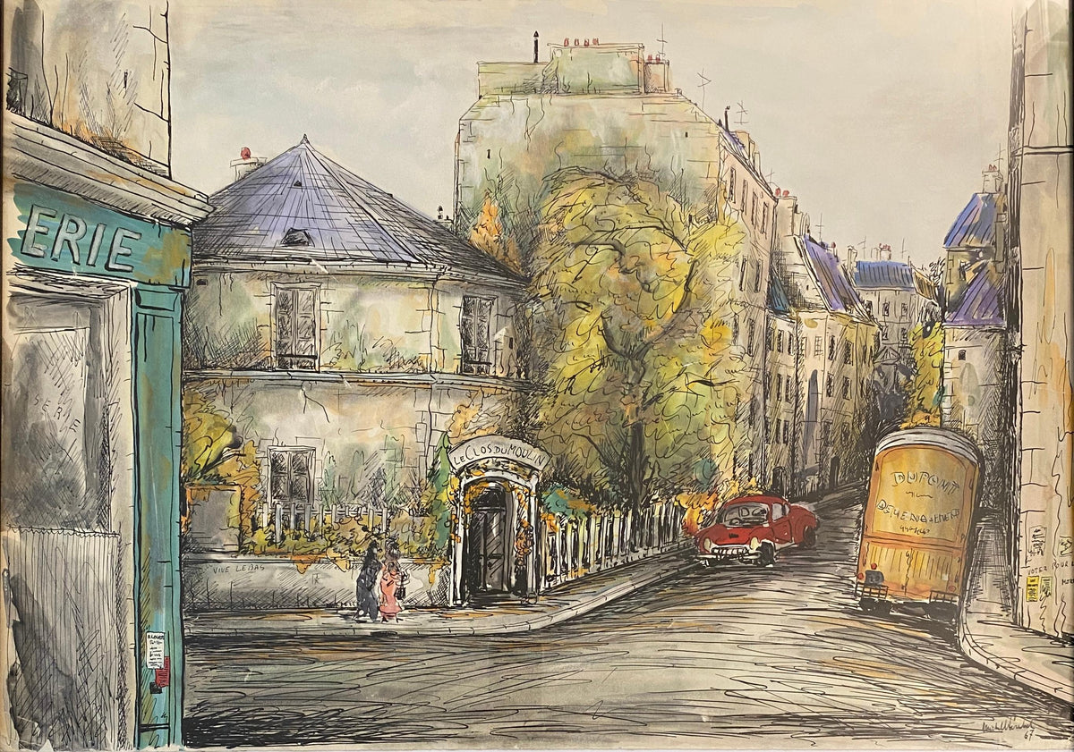 Paris Street Scene Drawing, Le Clos Du Moulin Paris Drawing & Colored Ink — detail 7