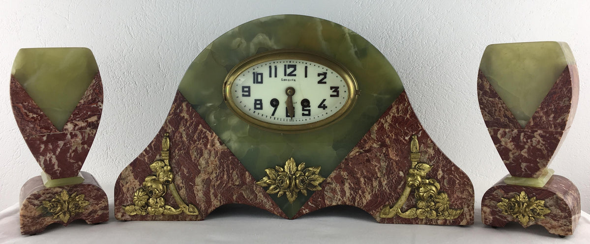 French Art Deco Mantel Clock Marble and Onyx Set by Lemoine Bonnet & Pottier — detail 6