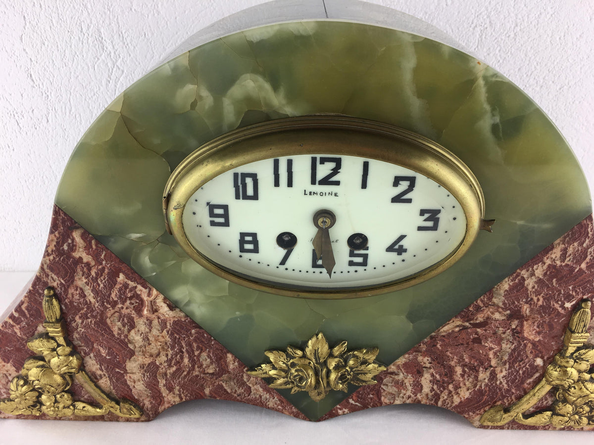 French Art Deco Mantel Clock Marble and Onyx Set by Lemoine Bonnet & Pottier — detail 3