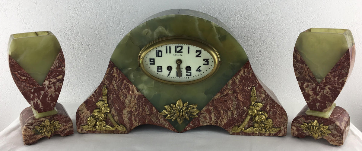 French Art Deco Mantel Clock Marble and Onyx Set by Lemoine Bonnet & Pottier — detail 5
