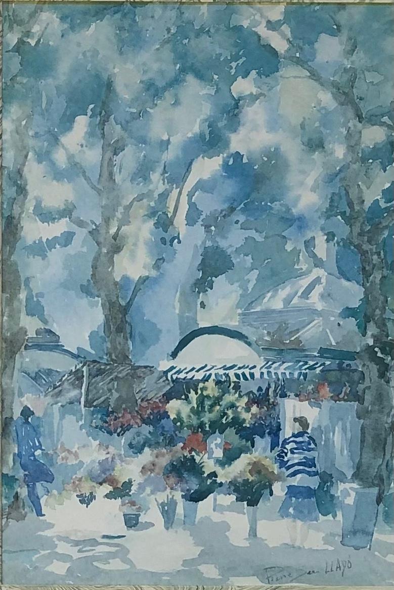 French Watercolor Painting Signed Pierre Jean Llado Marche de Fleurs Nice — detail 3