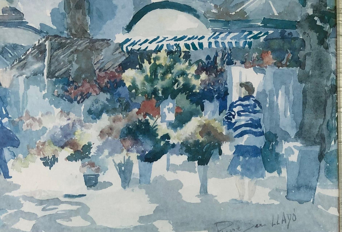 French Watercolor Painting Signed Pierre Jean Llado Marche de Fleurs Nice — detail 4