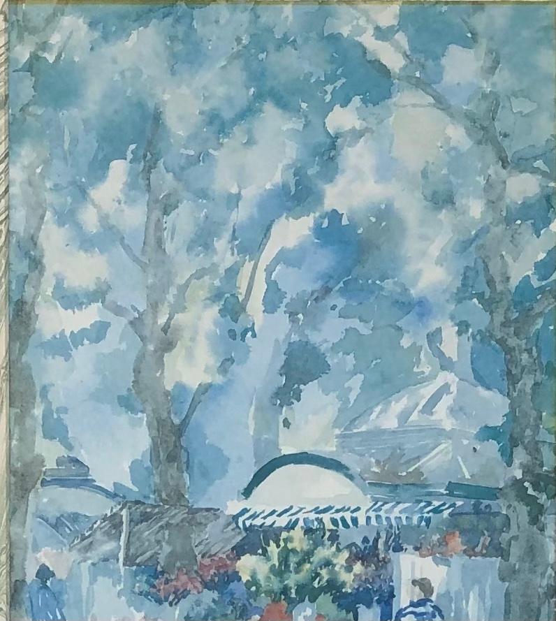 French Watercolor Painting Signed Pierre Jean Llado Marche de Fleurs Nice — detail 2