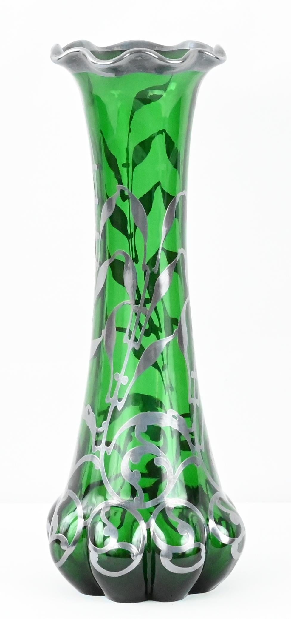 Loetz Green Glass Vase with Alvin Sterling Silver Overlay — detail 10