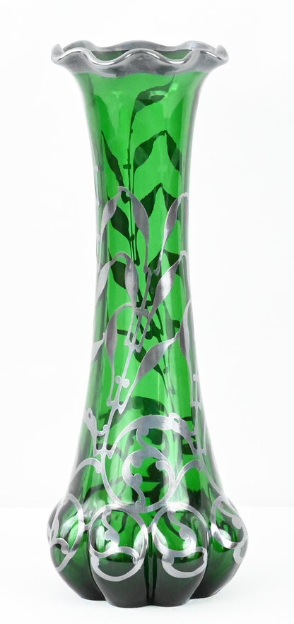 Loetz Green Glass Vase with Alvin Sterling Silver Overlay — detail 10