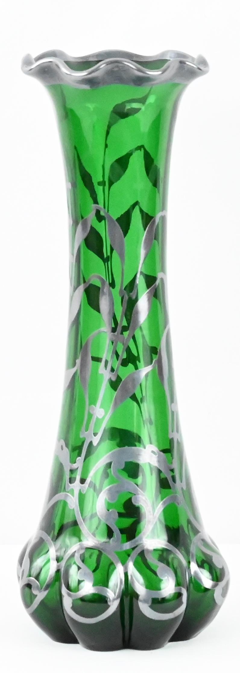 Loetz Green Glass Vase with Alvin Sterling Silver Overlay — detail 11