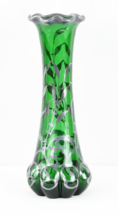 Loetz Green Glass Vase with Alvin Sterling Silver Overlay — detail 12