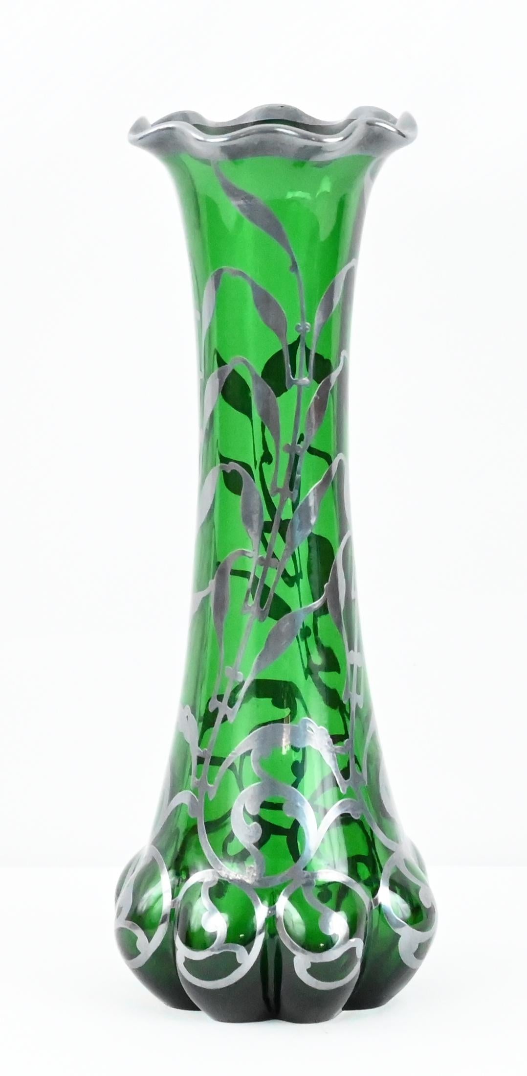 Loetz Green Glass Vase with Alvin Sterling Silver Overlay — detail 2