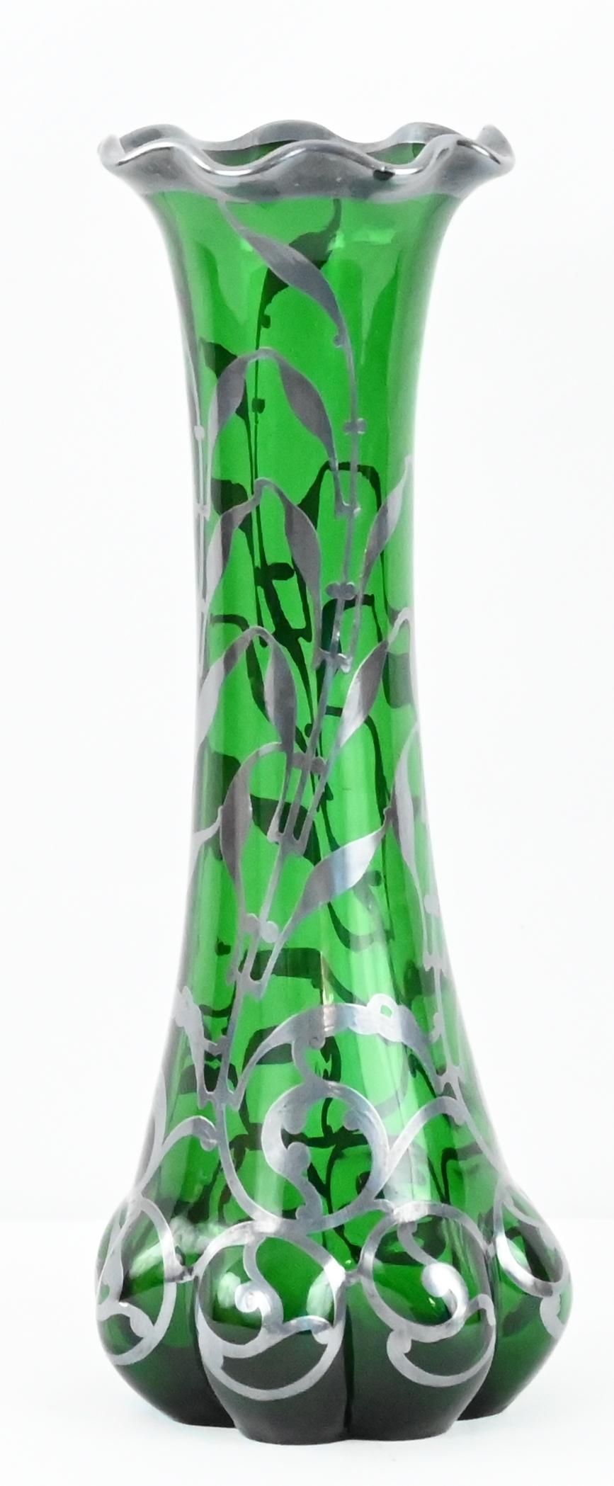 Loetz Green Glass Vase with Alvin Sterling Silver Overlay — detail 4