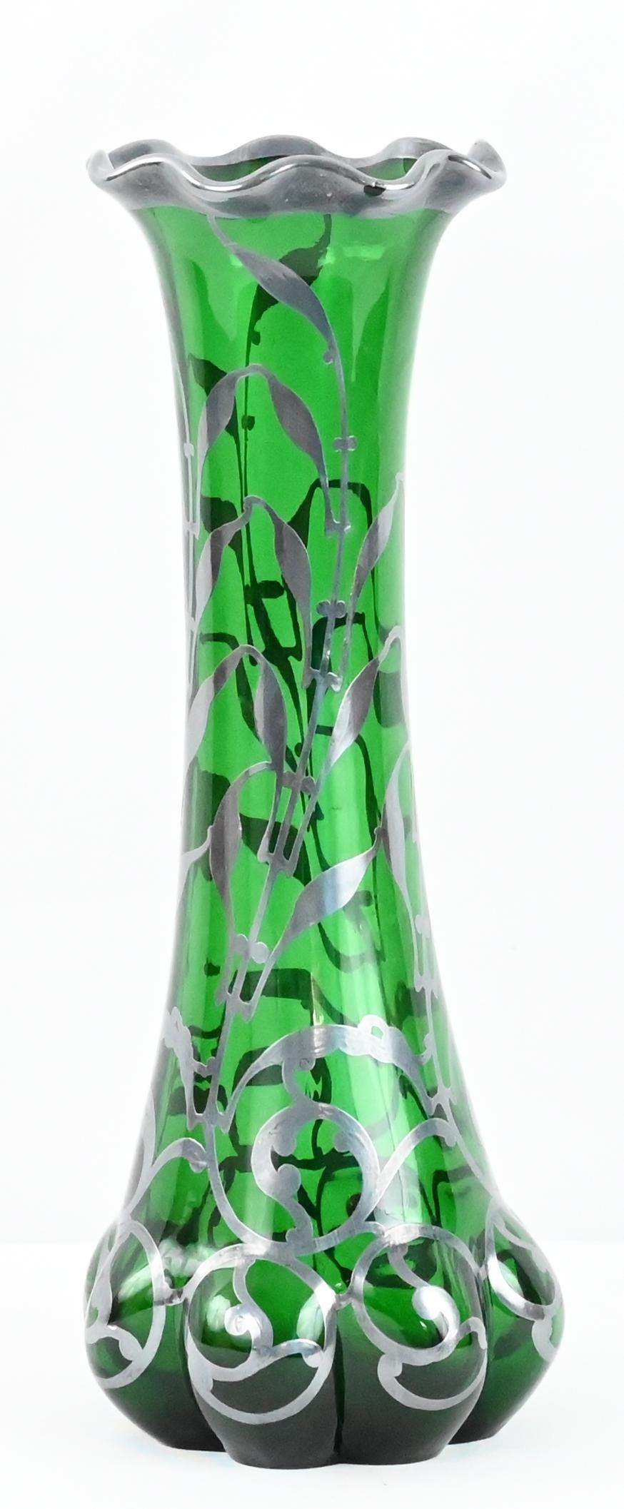 Loetz Green Glass Vase with Alvin Sterling Silver Overlay — detail 5