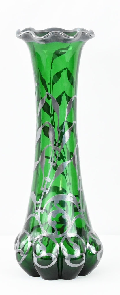 Loetz Green Glass Vase with Alvin Sterling Silver Overlay — detail 7