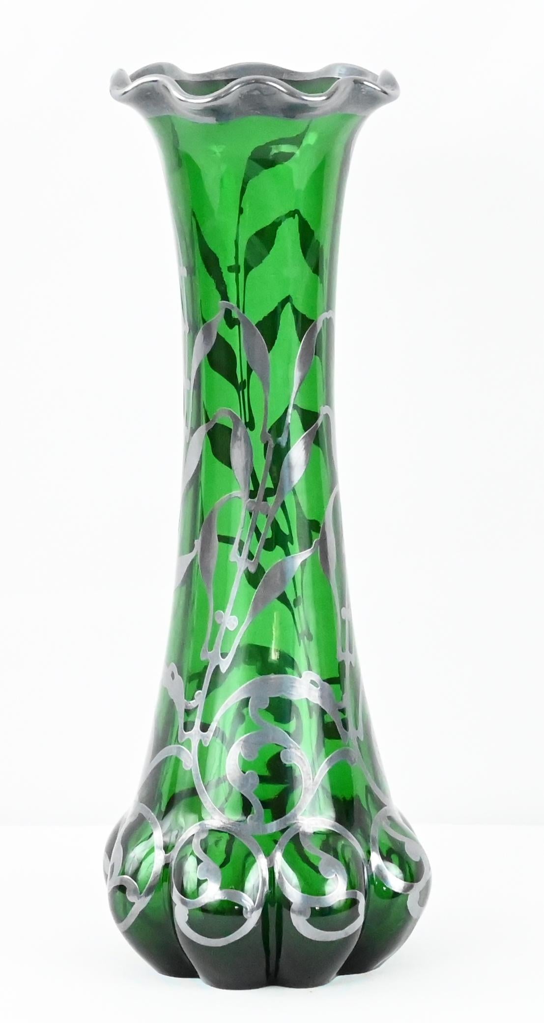 Loetz Green Glass Vase with Alvin Sterling Silver Overlay — detail 9