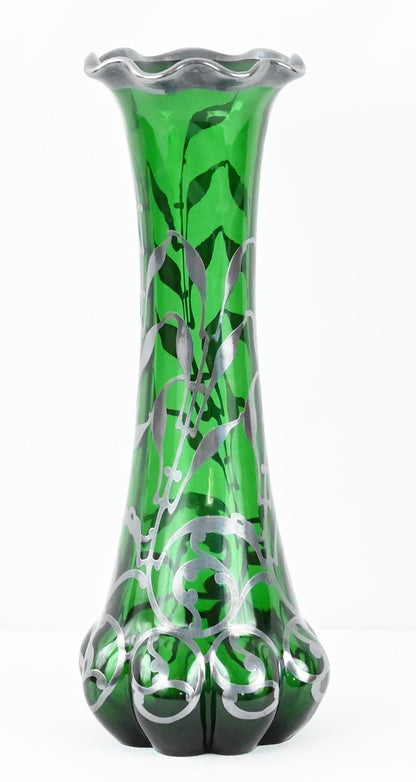 Loetz Green Glass Vase with Alvin Sterling Silver Overlay — detail 9