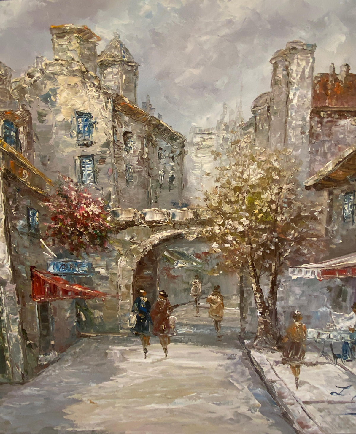 Louis Basset Paris Montmartre Street Scene Oil Painting, Café Terrace, Framed — detail 5