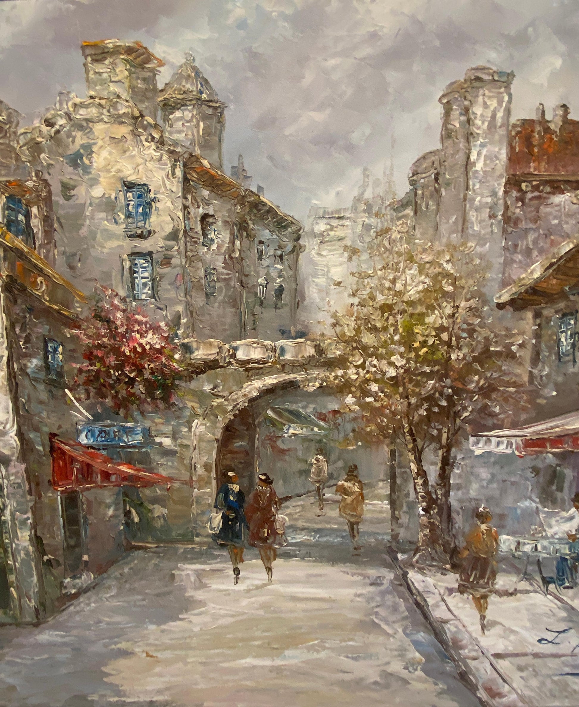 Louis Basset Paris Montmartre Street Scene Oil Painting, Café Terrace, Framed — detail 5
